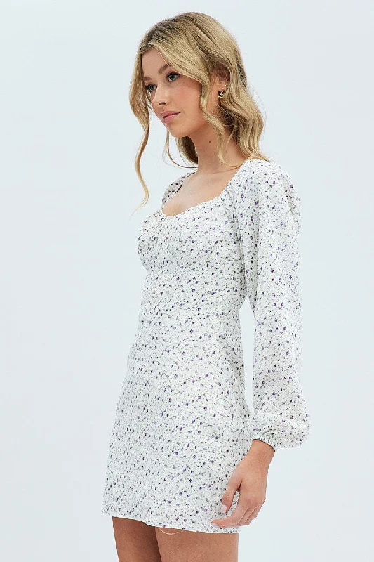 White Floral Midi Dress Long Sleeve Gathering Bust