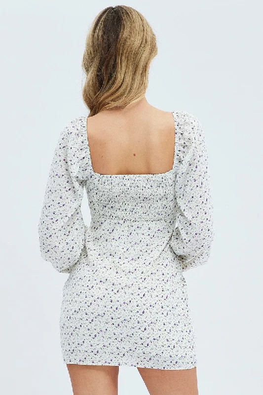 White Floral Midi Dress Long Sleeve Gathering Bust