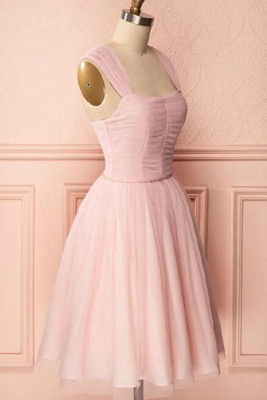 A-Line Pink Tulle Straps Pleats Beading Homecoming Dress Short Prom Dress  PD274