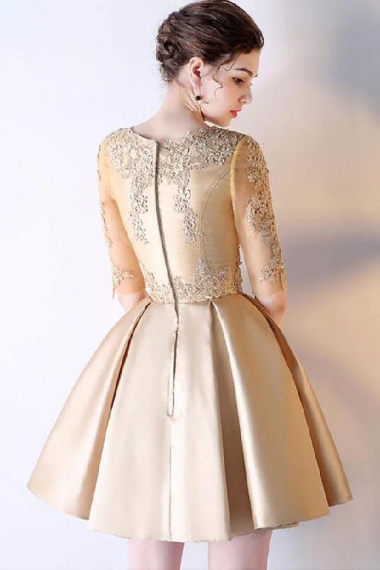 A-line Short Sleeves Gold Lace Satin Short Prom Dress Homecoming Dress PD212