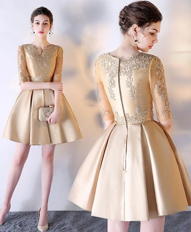 A-line Short Sleeves Gold Lace Satin Short Prom Dress Homecoming Dress PD212