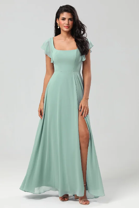 A-Line Square Neck Matcha Bridesmaid Dress with Ruffles