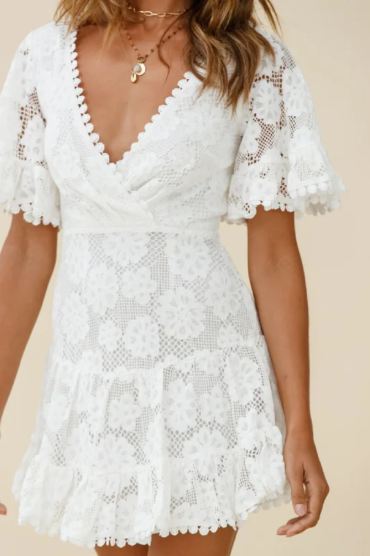 Alaia Short Fluted Sleeve Crochet Lace Dress White