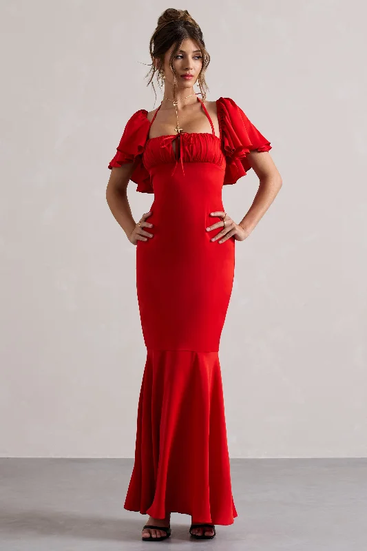 Andora | Red Halter Neck Flutter Sleeve Maxi Dress With Flared Hem