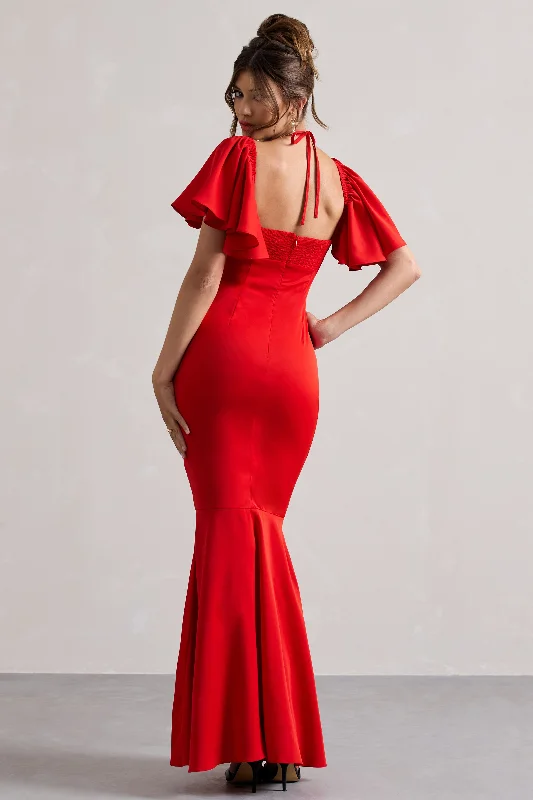 Andora | Red Halter Neck Flutter Sleeve Maxi Dress With Flared Hem