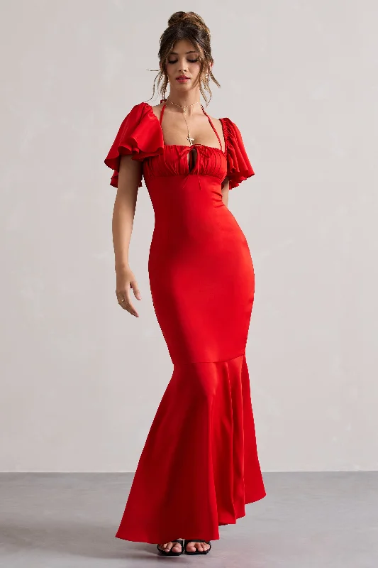 Andora | Red Halter Neck Flutter Sleeve Maxi Dress With Flared Hem