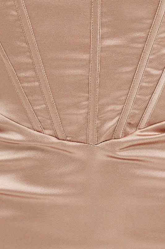 Beige Mini Dress Strapless Corset Detail Satin