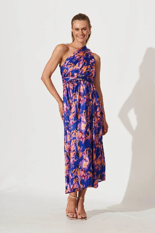 Bernadette One Shoulder Midi Dress In Blue With Multi Satin