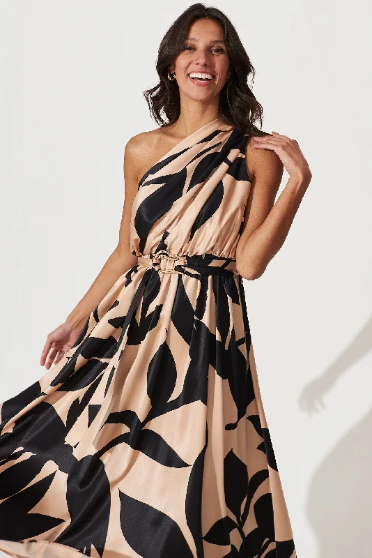 Bernadette One Shoulder Midi Dress In Brown With Black Print Satin