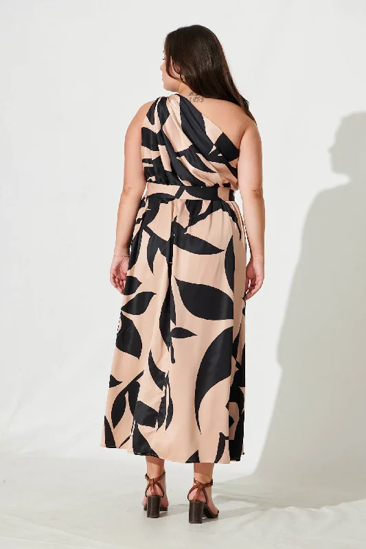 Bernadette One Shoulder Midi Dress In Brown With Black Print Satin