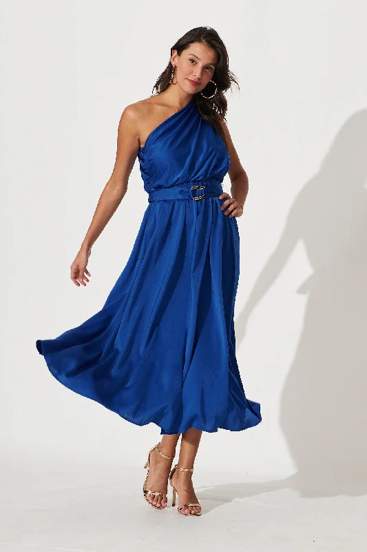 Bernadette One Shoulder Midi Dress In Cobalt Satin