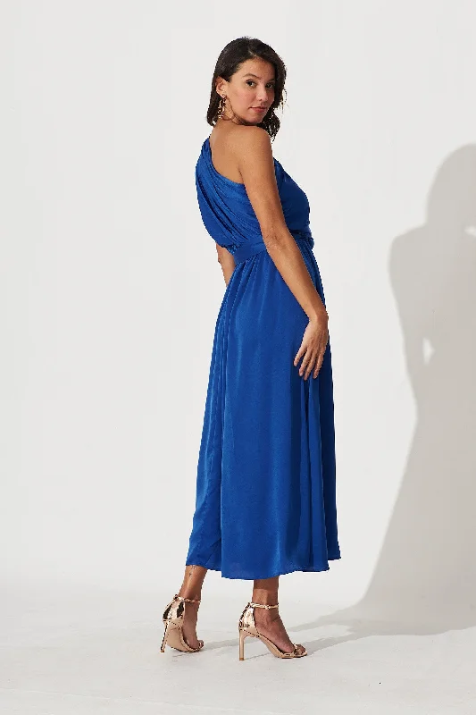 Bernadette One Shoulder Midi Dress In Cobalt Satin