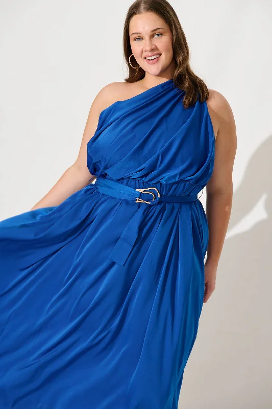 Bernadette One Shoulder Midi Dress In Cobalt Satin