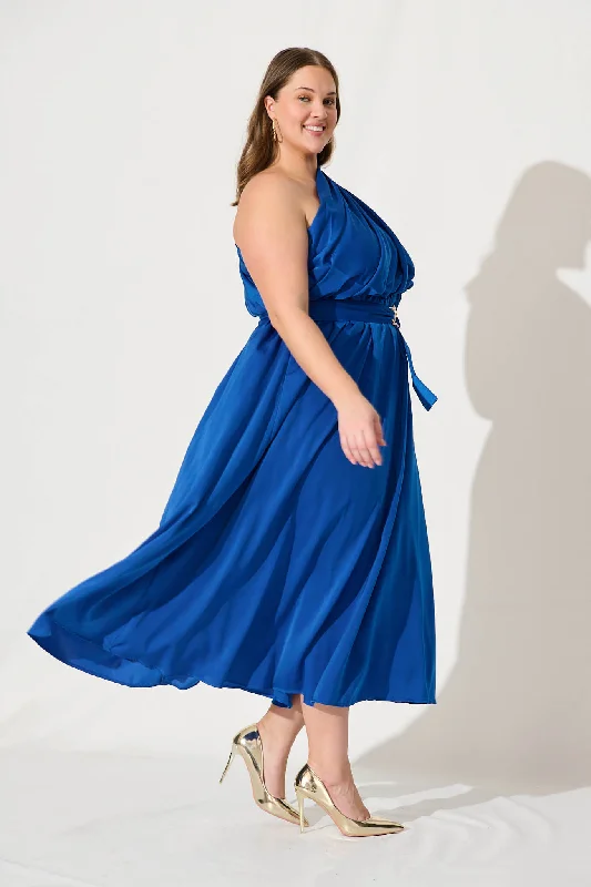 Bernadette One Shoulder Midi Dress In Cobalt Satin