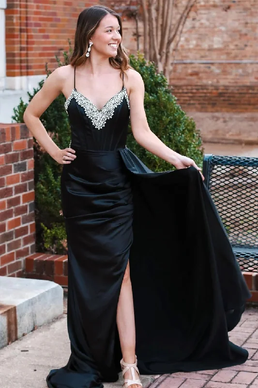 Black Beading V-Neck Long Prom Dress with Attached Train PSK482