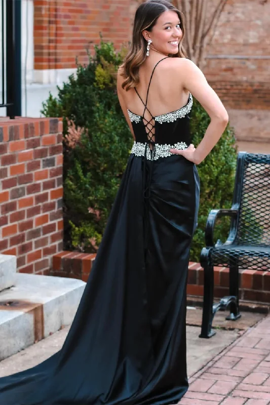 Black Beading V-Neck Long Prom Dress with Attached Train PSK482