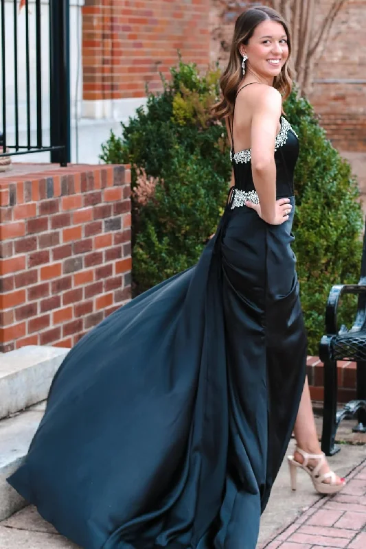 Black Beading V-Neck Long Prom Dress with Attached Train PSK482