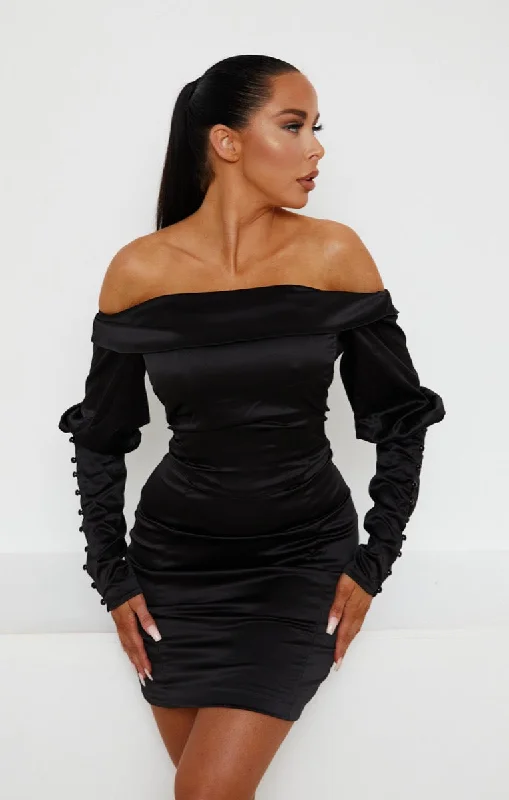 Black Satin Bardot Long Puff Sleeve Bodycon Mini Dress - Tiara