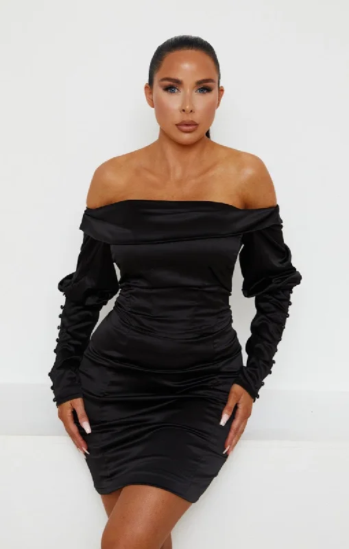 Black Satin Bardot Long Puff Sleeve Bodycon Mini Dress - Tiara