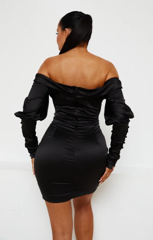 Black Satin Bardot Long Puff Sleeve Bodycon Mini Dress - Tiara