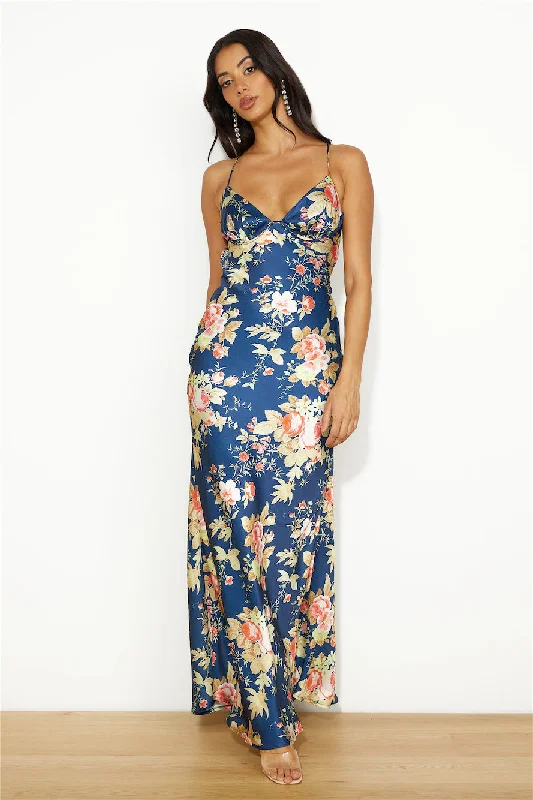 Blooming Passions Satin Maxi Dress Navy