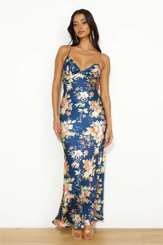 Blooming Passions Satin Maxi Dress Navy