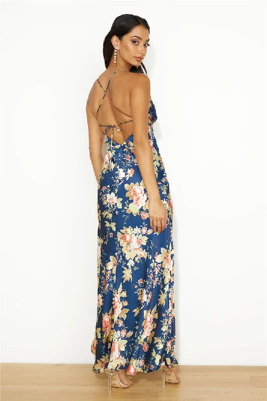 Blooming Passions Satin Maxi Dress Navy