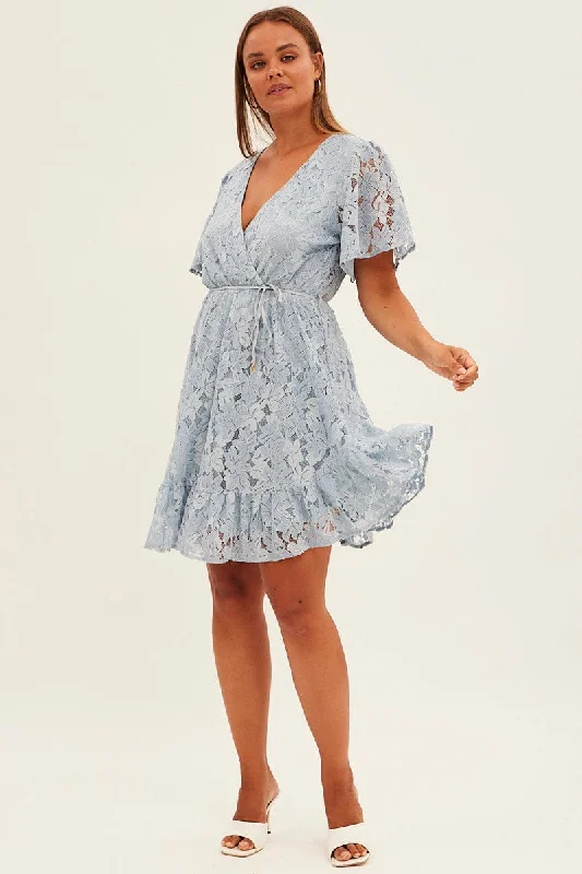 Light Blue Fit And Flare Dress Short Sleeve Wrap Lace