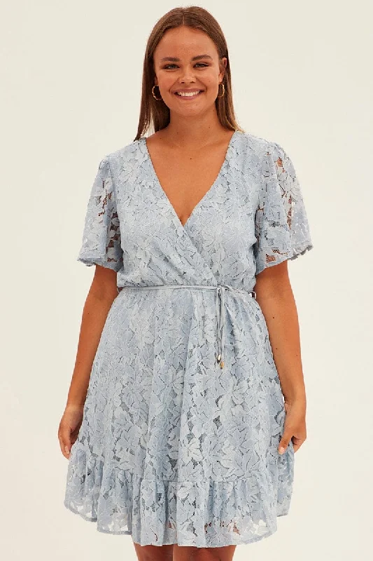 Light Blue Fit And Flare Dress Short Sleeve Wrap Lace