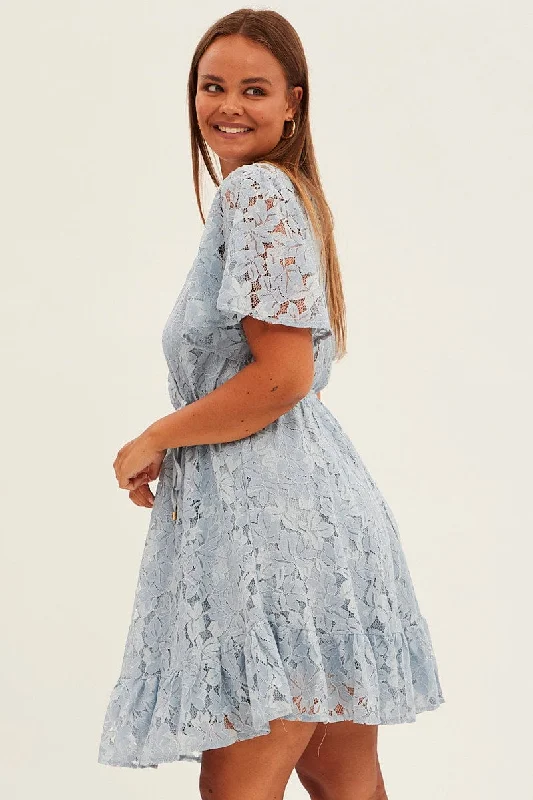 Light Blue Fit And Flare Dress Short Sleeve Wrap Lace