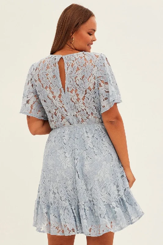 Light Blue Fit And Flare Dress Short Sleeve Wrap Lace