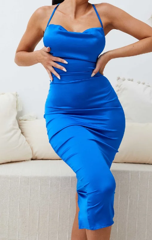 Blue Satin Strappy Tie Detail Bodycon Midi Dress - Zyra