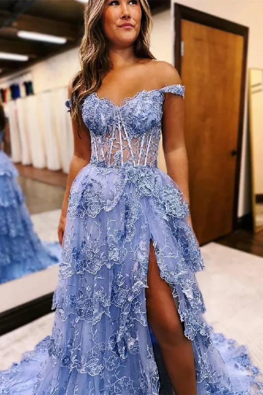 Blue Tulle Appliques Off-the-Shoulder Ruffle Long Prom Dress PSK478