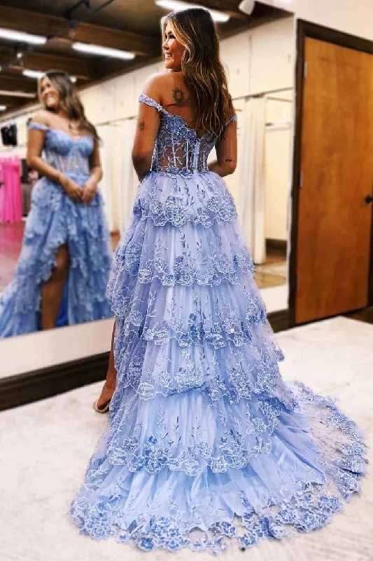 Blue Tulle Appliques Off-the-Shoulder Ruffle Long Prom Dress PSK478