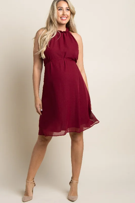 Burgundy Chiffon High Neck Maternity Dress