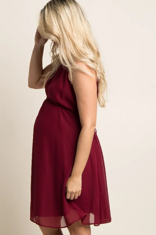 Burgundy Chiffon High Neck Maternity Dress