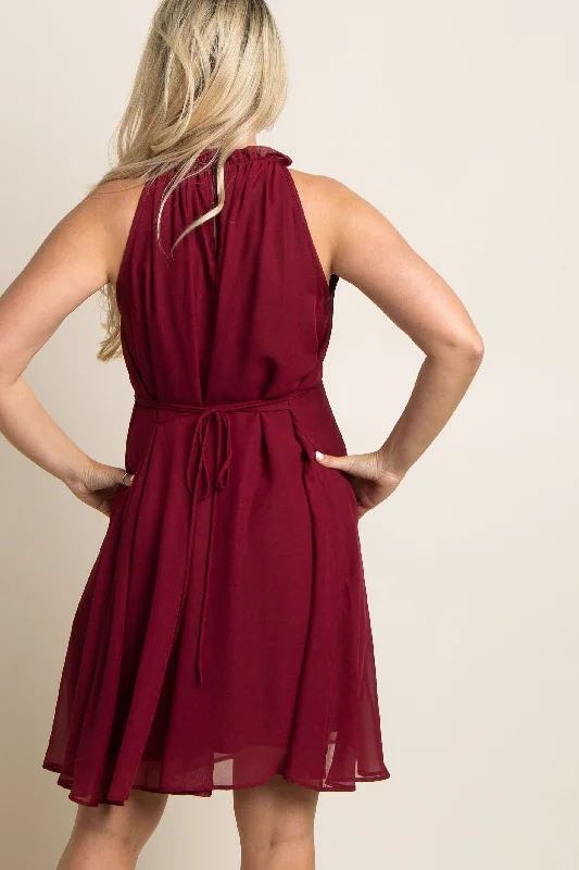 Burgundy Chiffon High Neck Maternity Dress