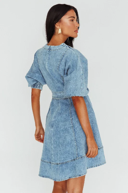 Cadijah Puff Sleeve Belted Mini Dress Denim Blue