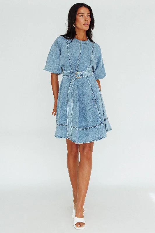 Cadijah Puff Sleeve Belted Mini Dress Denim Blue