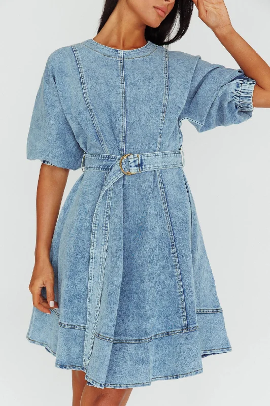 Cadijah Puff Sleeve Belted Mini Dress Denim Blue