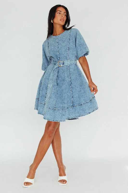 Cadijah Puff Sleeve Belted Mini Dress Denim Blue