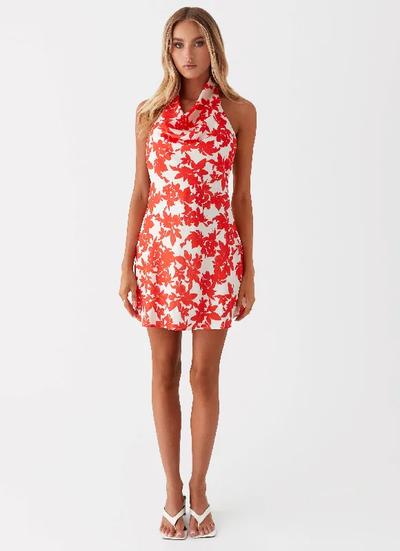 Carmine Bouquet Cowl Neck Mini Dress - Red Floral