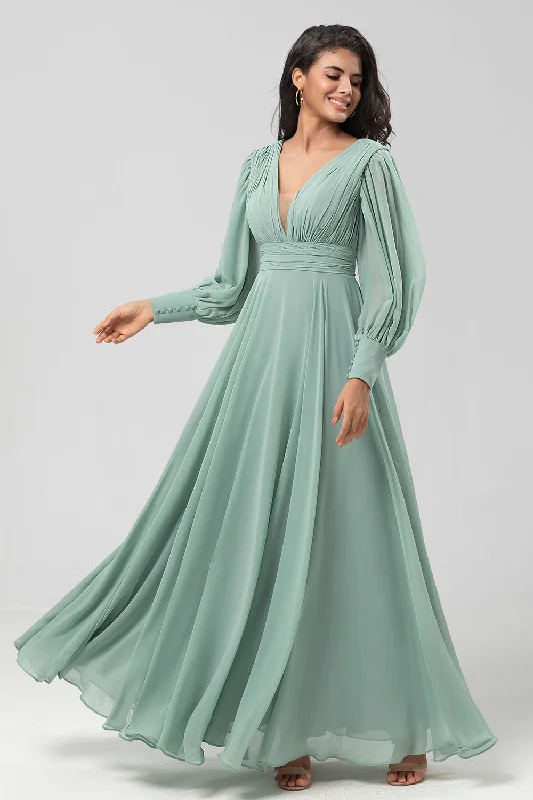 Chiffon Long Matcha Bridesmaid Dress with Button