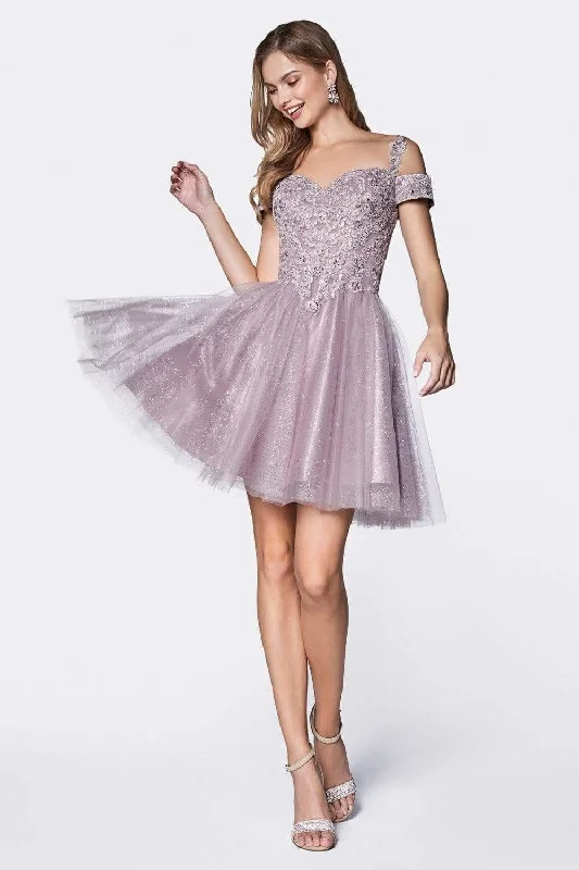 Cinderella Divine - CD0132 Cold Shoulder Lace and Glitter Tulle Cocktail Dress