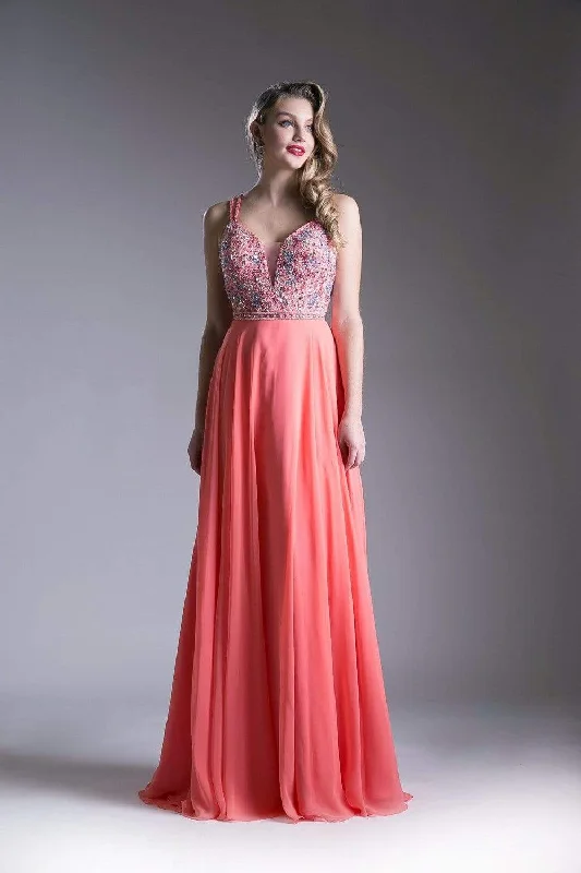 Cinderella Divine - Strappy Beaded Plunging Chiffon Evening Dress