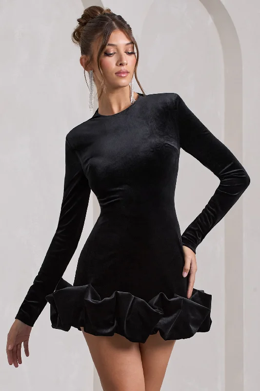 Claudine | Black Velvet Long-Sleeved Ruffled Mini Dress