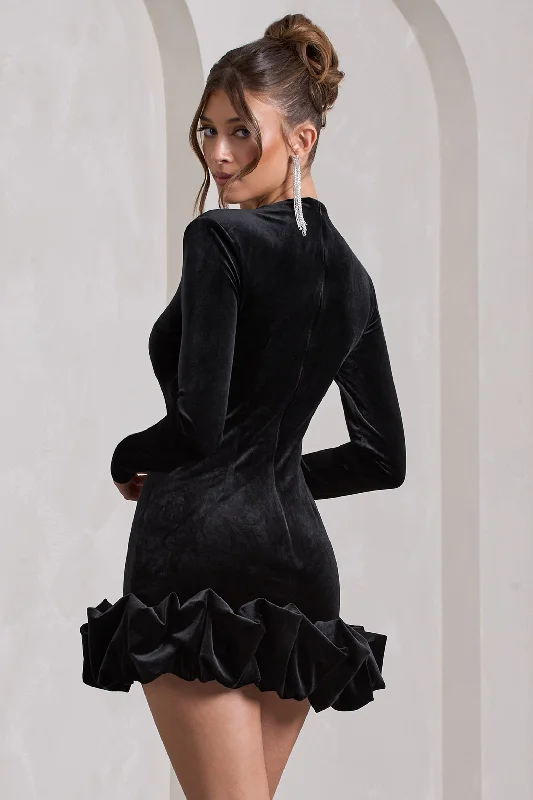 Claudine | Black Velvet Long-Sleeved Ruffled Mini Dress