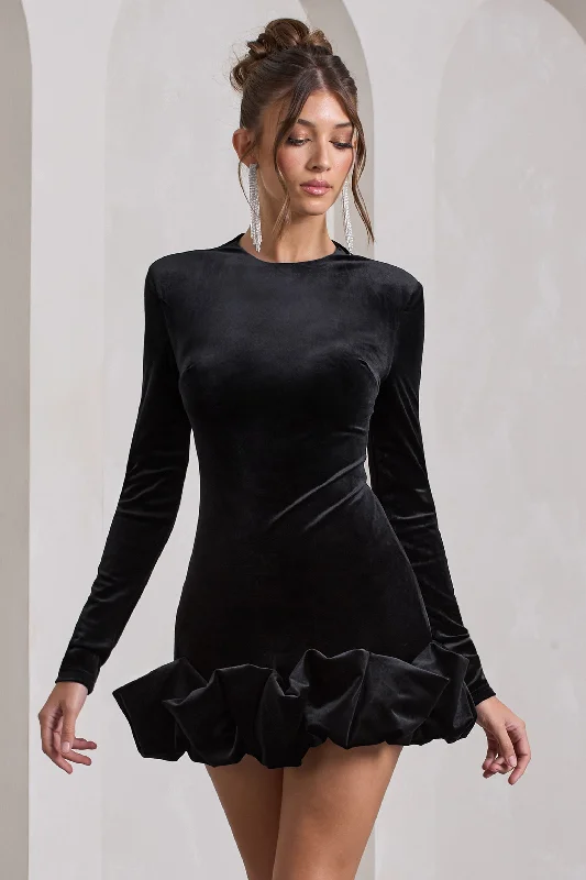 Claudine | Black Velvet Long-Sleeved Ruffled Mini Dress