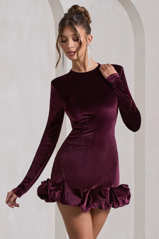 Claudine | Port Velvet Long-Sleeved Ruffled Mini Dress