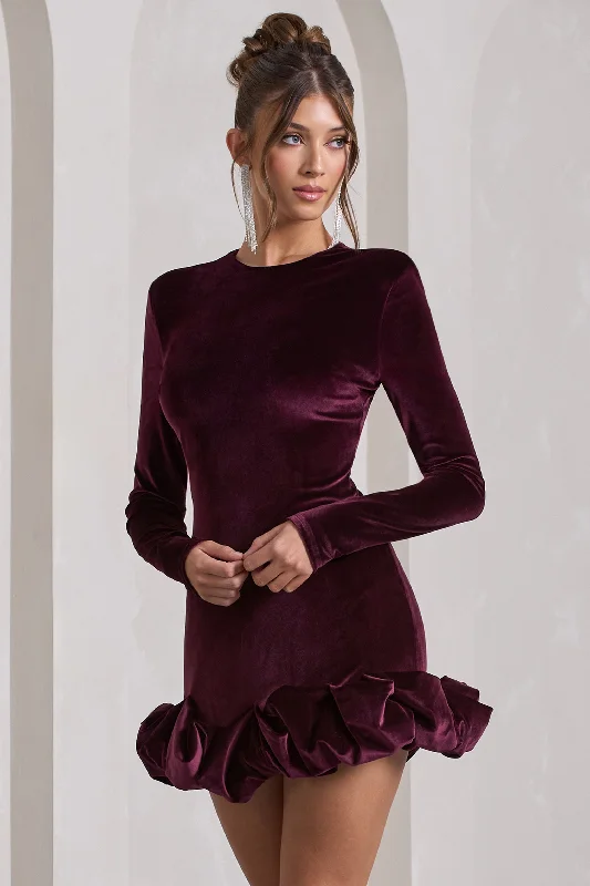 Claudine | Port Velvet Long-Sleeved Ruffled Mini Dress